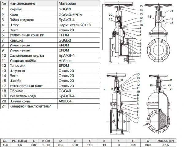 Задвижка ADL ГРАНАР KR14 Ду 125 Ру 16 фланцевая клиновая чугунная под штурвал с обрезиненным клином Задвижка ADL ГРАНАР KR14 Ду 125 Ру 16 фланцевая клиновая чугунная под штурвал с обрезиненным клином