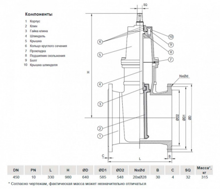 Задвижка VGA D17.04 DN 450 PN 10 L=330 мм фланцевая клиновая чугунная с маховиком с обрезиненным клином