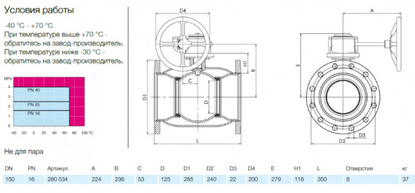 Кран шаровой NAVAL 280534 DN 150 PN 16 стальной стандартнопроходный фланцевый для газа с редуктором