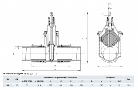 Задвижка HAWLE 4051E2 DN 100/125 PN 10 с ПЭ патрубками клиновая чугунная с обрезиненным клином