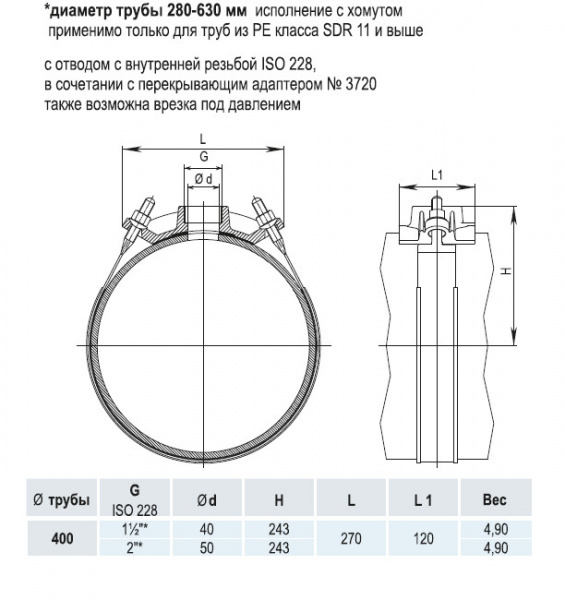 Врезной хомут HAWLE 5250 DN 400 PN 16 системы HAKU с отводом с внутренней резьбой 1 1/2"* Врезной хомут HAWLE 5250 DN 400 PN 16 системы HAKU с отводом с внутренней резьбой 1 1/2"*