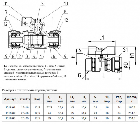 Кран шаровой для МП трубы Aquasfera EURO 1018 DN 20х16 PN 16 неполнопроходной компресс-компресс