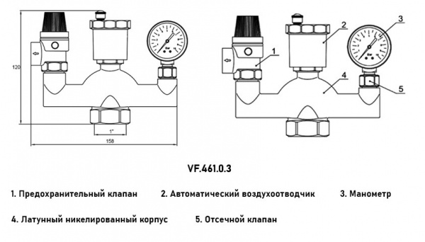 Группа безопасности VALFEX VF.461.0.3 ВР 1"x1/2"x1/4" DN 25 PN 10 для закрытых систем отопления