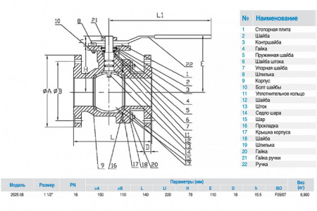 Кран шаровой чугунный GENEBRE 2525 Ду40 Ру16 полнопроходной фланцевый