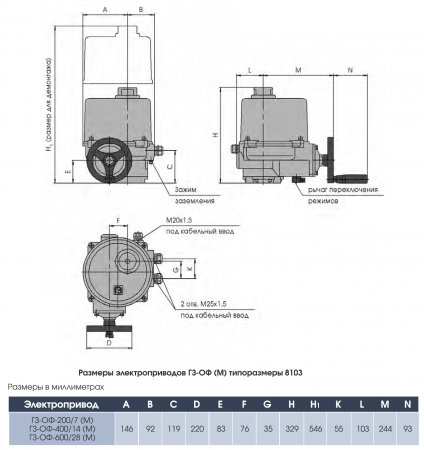 Электропривод четвертьоборотный ГЗ-ОФ-400/14 М (поворот 180) 14 об./90сек.