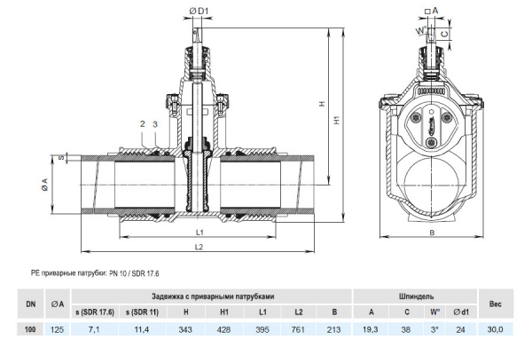 Задвижка HAWLE 4051E3 DN 100/125 PN 10 с ПЭ патрубками клиновая чугунная с обрезиненным клином Задвижка HAWLE 4051E3 DN 100/125 PN 10 с ПЭ патрубками клиновая чугунная с обрезиненным клином