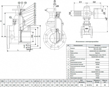 Задвижка ADL ГРАНАР KR15 Ду 80 Ру 16 фланцевая клиновая чугунная с электроприводом AUMA SA 07.6 с обрезиненным клином