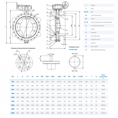 Затвор DENDOR 023F DN 2000 PN 10 поворотный дисковый c двумя эксцентриситетами фланцевый чугунный с редуктором