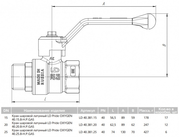Кран шаровой латунный LD Pride Oxygen 40.25.В-Н.Р GAS Ду 25 Ру 40 резьба (ВР-НР) 1", никелированный кислородный