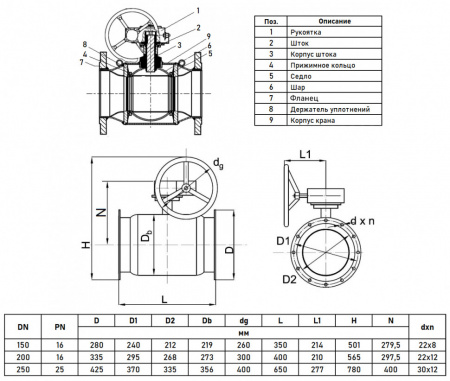 Кран шаровой Danfoss JiP Premium FF WG DN 150 PN 16 стальной стандартнопроходный фланцевый с ручным редуктором