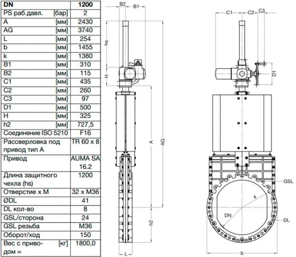 Задвижка шиберная ножевая VAG ZETA DN 1200 PN 10 с электроприводом AUMA SA16.2 Задвижка шиберная ножевая VAG ZETA DN 1200 PN 10 с электроприводом AUMA SA16.2