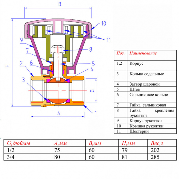 Кран шаровой VALTEC Ду20 Ру25 с плавным управлением VT.252.N.05