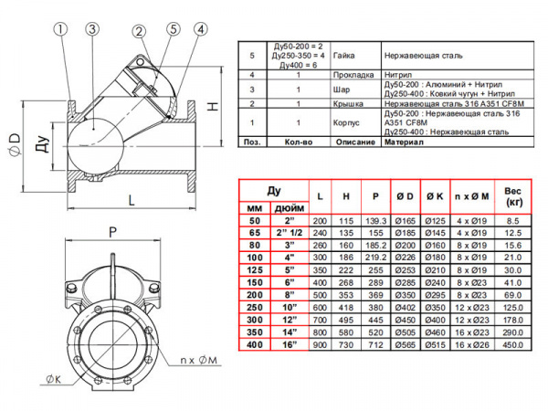 Клапан Tecofi CBL6240 DN 200 обратный шаровый фланцевый PN 10