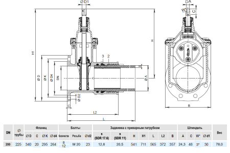 Задвижка HAWLE 4090E3 DN 200/225 PN 16 фланец - ПЭ патрубок клиновая чугунная с обрезиненным клином
