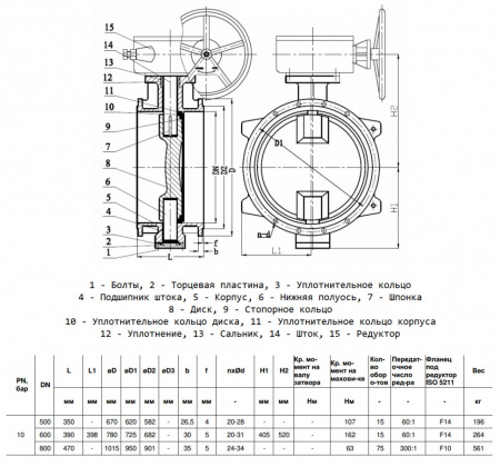 Затвор дисковый Benarmo 2210RA DN 600 PN 10 поворотный фланцевый двухэксцентриковый с редуктором