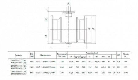 Кран шаровой БИВАЛ КШТ 11 DN 500 Ф/Ф