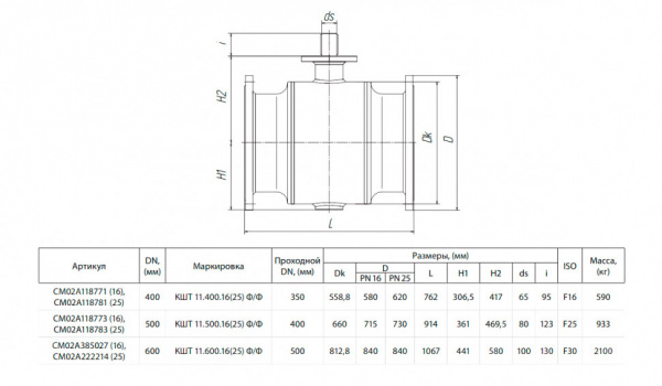 Кран шаровой БИВАЛ КШТ 11 DN 500 Ф/Ф