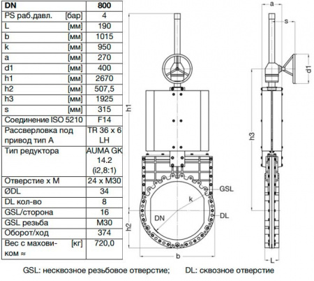Задвижка шиберная ножевая VAG ZETA DN 800 PN 10 со штурвалом