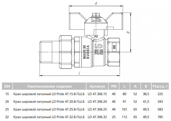 Кран шаровой латунный LD Pride 47.20.В-ГШ.Б Ду 20 Ру 40 резьба (ВР-ВР) 3/4", никелированный с белой бабочкой, неполнопроходный