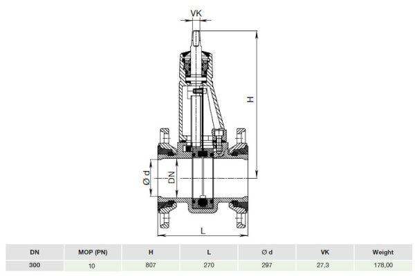 Задвижка HAWLE 4806 DN 300 PN 10 с запирающей пластиной для сточн. вод