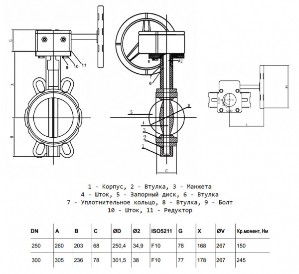 Затвор дисковый Benarmo DN 250 PN 10/16 поворотный межфланцевый с редуктором Рус