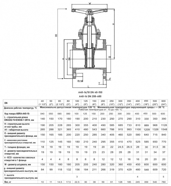 Задвижка клиновая ABRA A40 DN 125 PN 16/10 чугунная фланцевая с редуктором Задвижка клиновая ABRA A40 DN 125 PN 16/10 чугунная фланцевая с редуктором