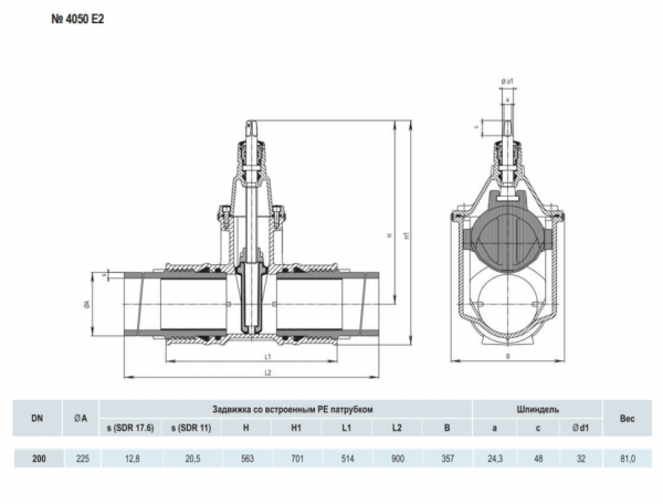Задвижка HAWLE 4050E2 DN 200/225 PN 16 с ПЭ патрубками клиновая чугунная с обрезиненным клином Задвижка HAWLE 4050E2 DN 200/225 PN 16 с ПЭ патрубками клиновая чугунная с обрезиненным клином
