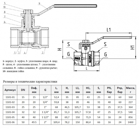 Кран шаровой Aquasfera Standard 1101 DN 15 PN 40 неполнопроходной муфтовый