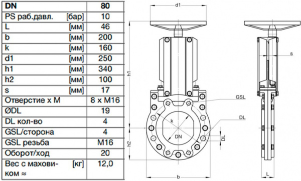 Задвижка шиберная ножевая VAG ZETA DN 80 PN 10 со штурвалом Задвижка шиберная ножевая VAG ZETA DN 80 PN 10 со штурвалом
