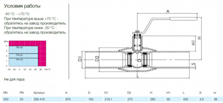 Кран шаровой NAVAL 280416 DN 200 PN 25 стальной стандартнопроходный под приварку для газа