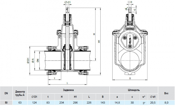 Задвижка HAWLE 4040E3 System 2000 DN 50/63 PN 16 раструбная клиновая чугунная с обрезиненным клином Задвижка HAWLE 4040E3 System 2000 DN 50/63 PN 16 раструбная клиновая чугунная с обрезиненным клином