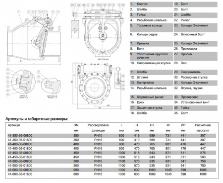 Клапан AVK 41/36 DN 600 PN 10 обратный поворотный с металлическим уплотнением фланцевый