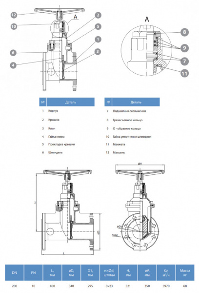 Задвижка GROSS DN 200 PN 10 фланцевая с обрезиненным клином с маховиком длинная Задвижка GROSS DN 200 PN 10 фланцевая с обрезиненным клином с маховиком длинная
