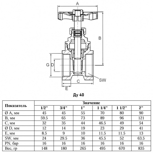 Задвижка клиновая VALFEX VF.04 ВР 1 1/2" Ду 40 Ру 16 латунная Задвижка клиновая VALFEX VF.04 ВР 1 1/2" Ду 40 Ру 16 латунная