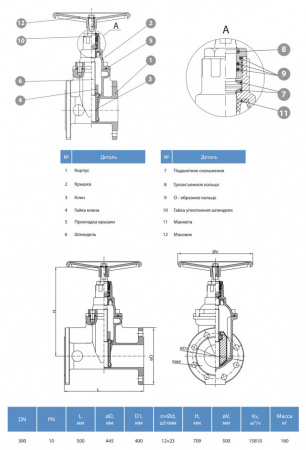 Задвижка GROSS DN 300 PN 10 фланцевая с обрезиненным клином с маховиком длинная