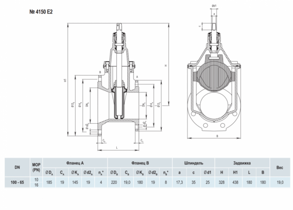 Задвижка HAWLE 4150E2 DN 100-65 PN 16 фланцевая клиновая чугунная с обрезиненным клином переходная Задвижка HAWLE 4150E2 DN 100-65 PN 16 фланцевая клиновая чугунная с обрезиненным клином переходная