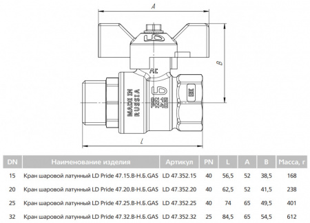 Кран шаровой латунный LD Pride 47.32.В-Н.Б GAS Ду 32 Ру 25 резьба (ВР-НР) 1 1/4", никелированный неполнопроходный