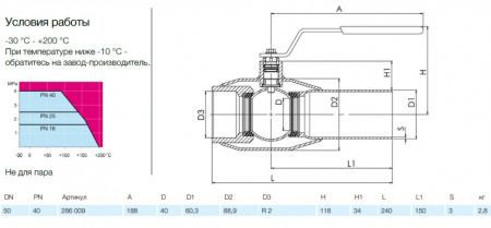 Кран шаровой NAVAL 286009 DN 50 PN 40 нержавеющий стандартнопроходный резьба/сварка