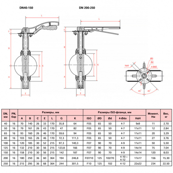 Затвор дисковый поворотный РАШВОРК 201 Ду200 Ру16 межфланцевый чугунный, диск – нерж. сталь AISI304 (CF8), уплотнение EPDM