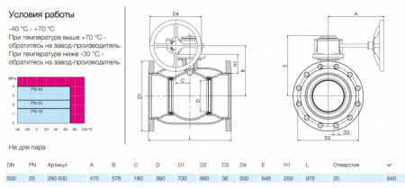 Кран шаровой NAVAL 280500 DN 500 PN 25 стальной стандартнопроходный фланцевый для газа с редуктором