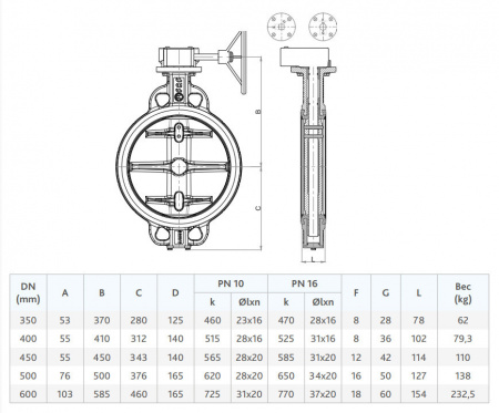 Затвор FAF 3500 DN 400 PN 10 дисковый межфланцевый с редуктором