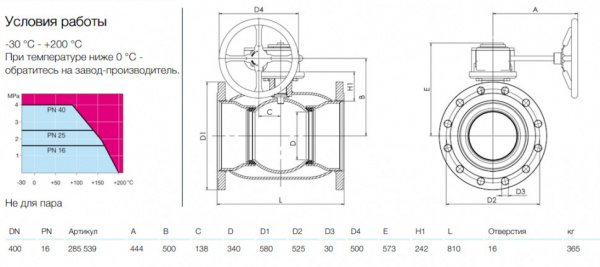 Кран шаровой NAVAL 285539 DN 400 PN 16 стальной стандартнопроходный фланцевый с редуктором