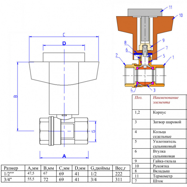 Кран шаровой VALTEC Ду20 Ру40 c термометром VT.808.N.05