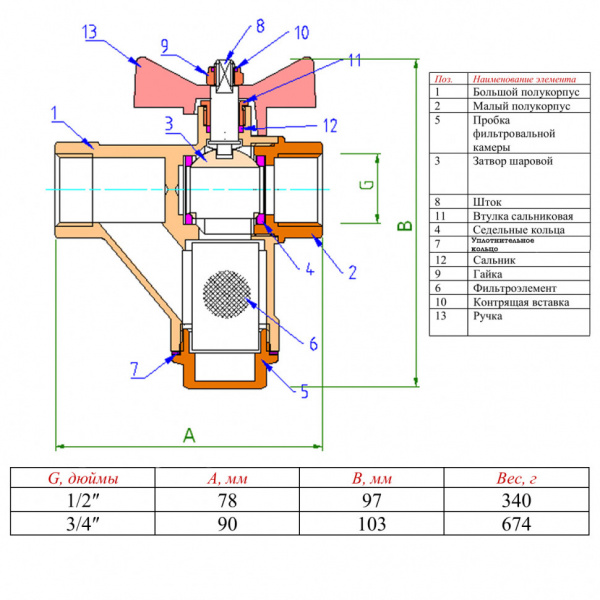 Кран шаровой VALTEC Ду20 Ру16 со встроенным прямым фильтром VT.294.N.05