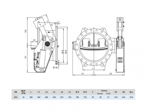 Клапан обратный Hawle 9884 DN 600 PN 10 фланцевый c рычагом и противовесом