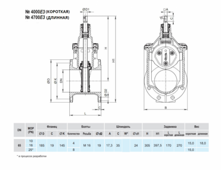 Задвижка HAWLE 4700Е3 DN 65 PN 16 фланцевая клиновая чугунная длинная с обрезиненным клином