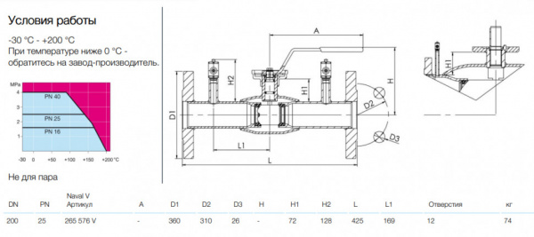 Кран шаровой NAVAL NAVALTRIM 265576 V DN 200 PN 25 регулирующий стальной фланцевый