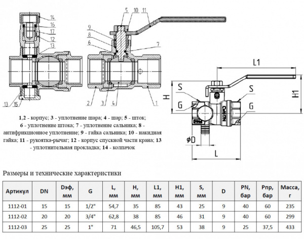 Кран шаровой со спускником Aquasfera Standard 1112 DN 25 PN 25 полнопроходной муфтовый