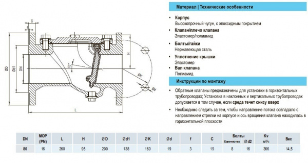 Клапан обратный HAWLE 9831 DN 80 PN 16 фланцевый