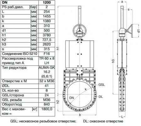 Задвижка шиберная ножевая VAG ZETA DN 1200 PN 10 со штурвалом